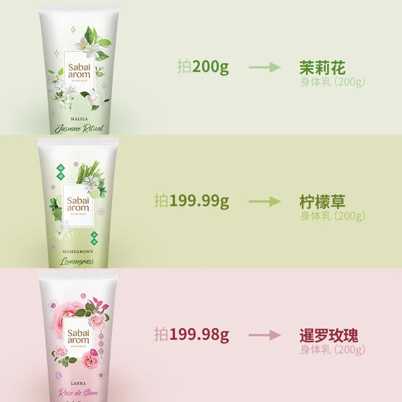 泰国花园里的水润秘密:Sabai Arom天然身体乳轻盈保湿全攻略 从四肢向躯干推开按摩,让保湿成分充分吸收 产品图