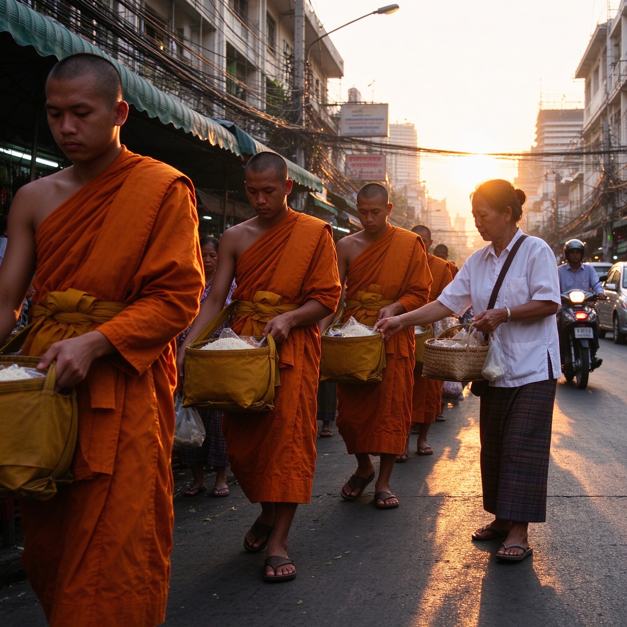 泰国僧人清晨托钵化缘:信徒饭前先给僧人盛饭 Thai monks alms